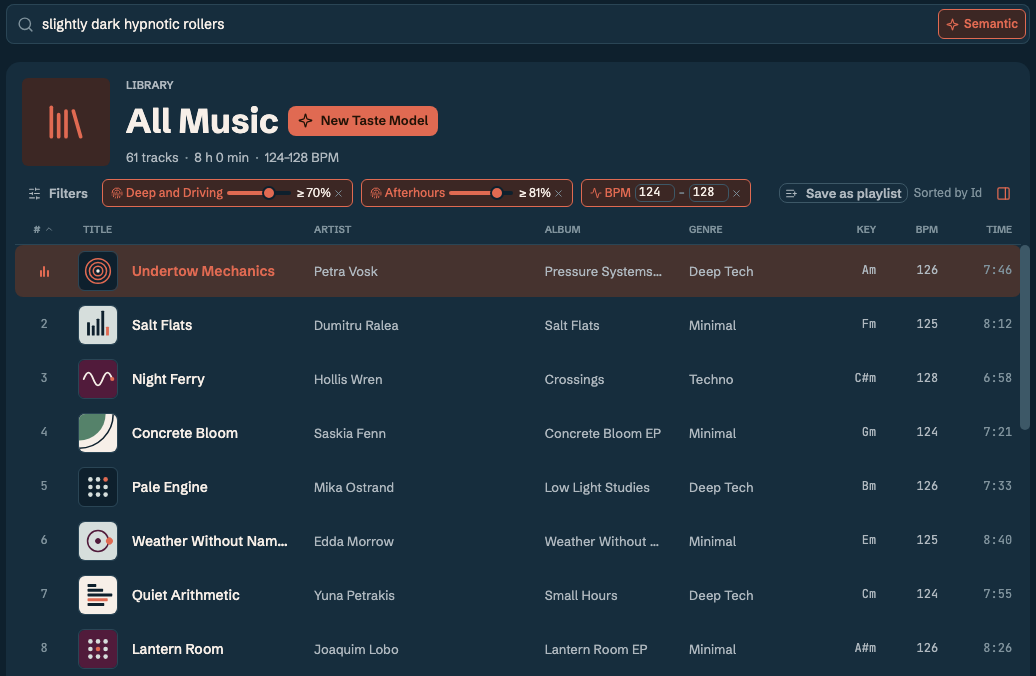 Resonine app window: All Music narrowed by two taste models and a BPM range